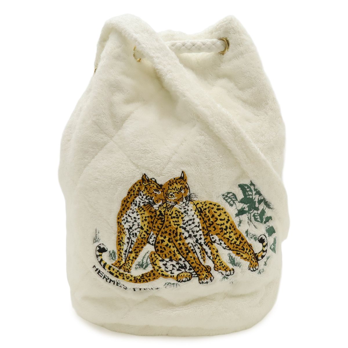 Hermes Shoulder Bag Drawstring Leopard Print Embroidery Cotton Pile White