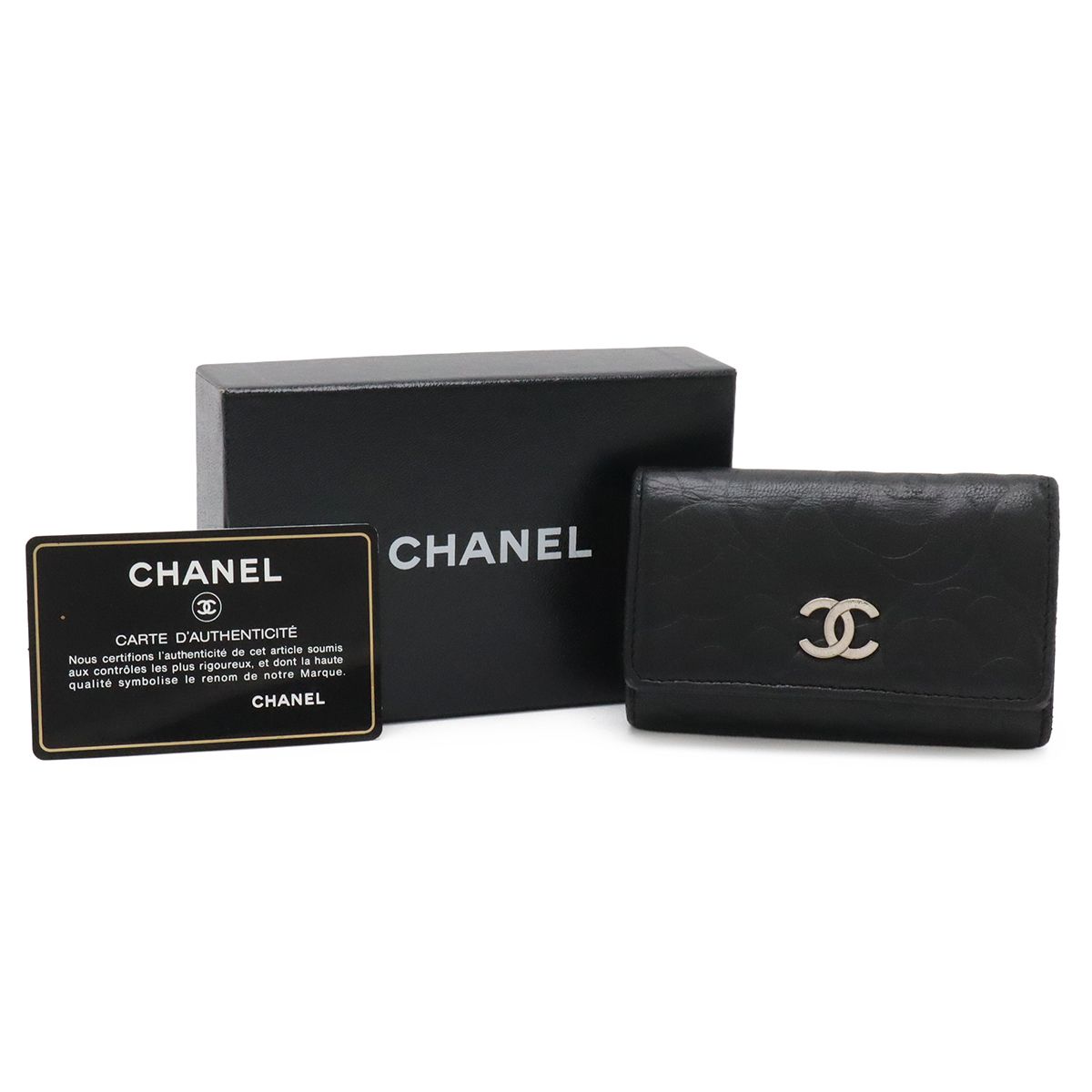 Chanel Camellia CC Logo Key Case Leather Black Silver Key Holder — view 8