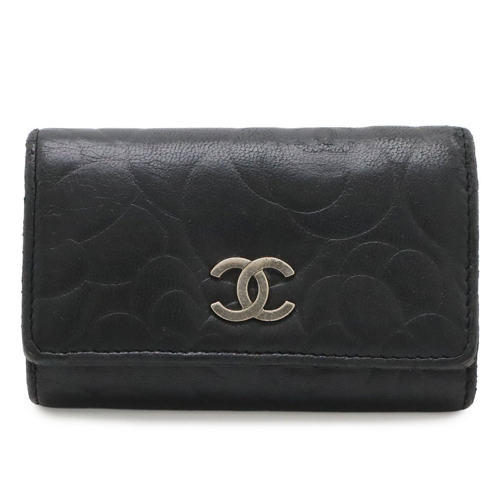 Chanel Camellia CC Logo Key Case Leather Black Silver Key Holder