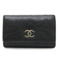 Chanel Camellia CC Logo Key Case Leather Black Silver Key Holder