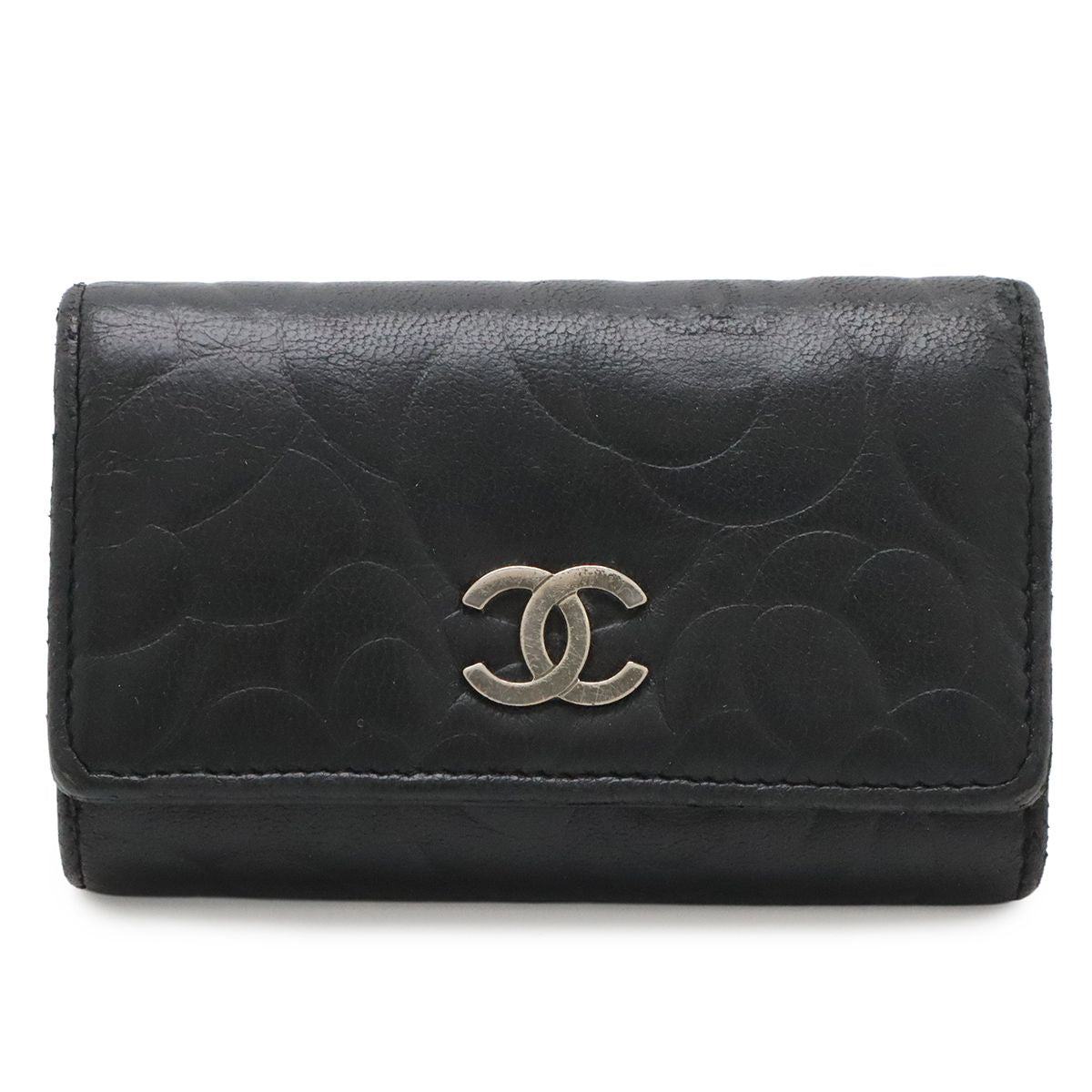 Chanel Camellia CC Logo Key Case Leather Black Silver Key Holder