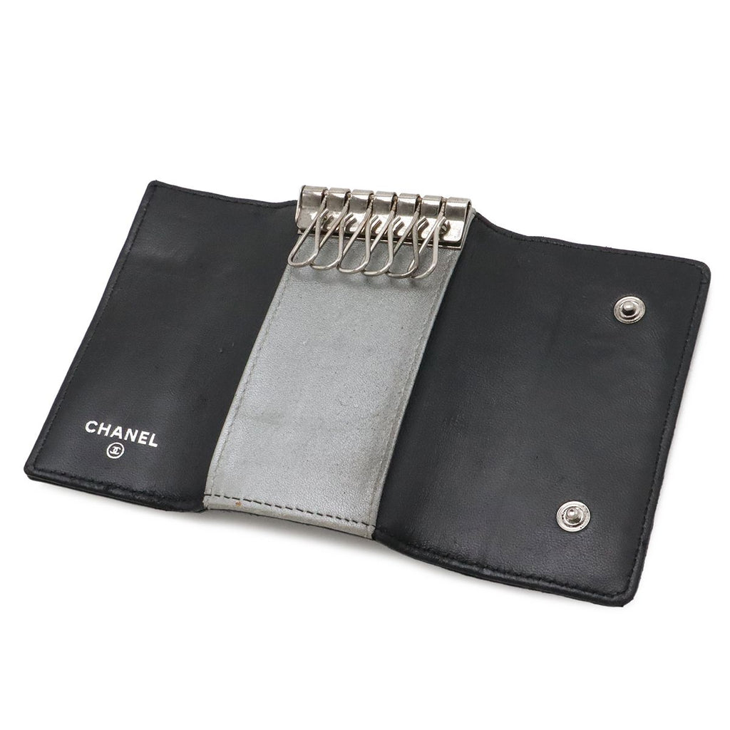 Chanel Camellia CC Logo Key Case Leather Black Silver Key Holder — view 5