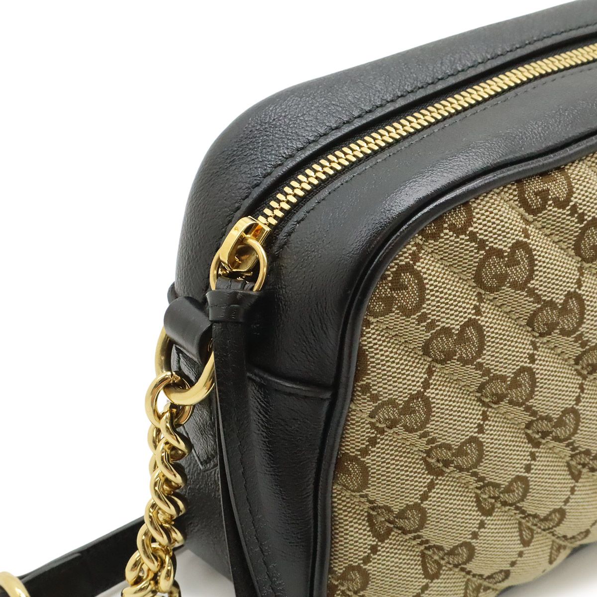 Gucci GG Marmont Canvas Shoulder Bag Pochette Chain Quilted Beige Black Gold — view 6