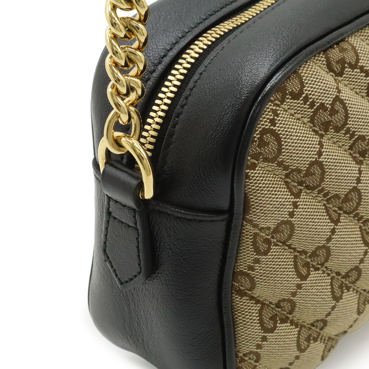 Gucci GG Marmont Canvas Shoulder Bag Pochette Chain Quilted Beige Black Gold — view 4