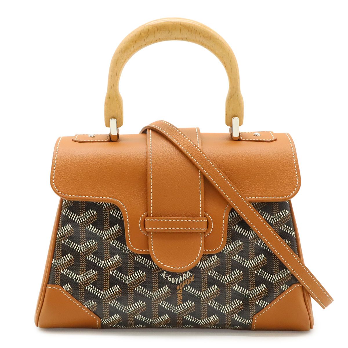 Goyard Saigon Mini Wooden Handle 2-Way Shoulder Bag Herringbone Pattern Brown