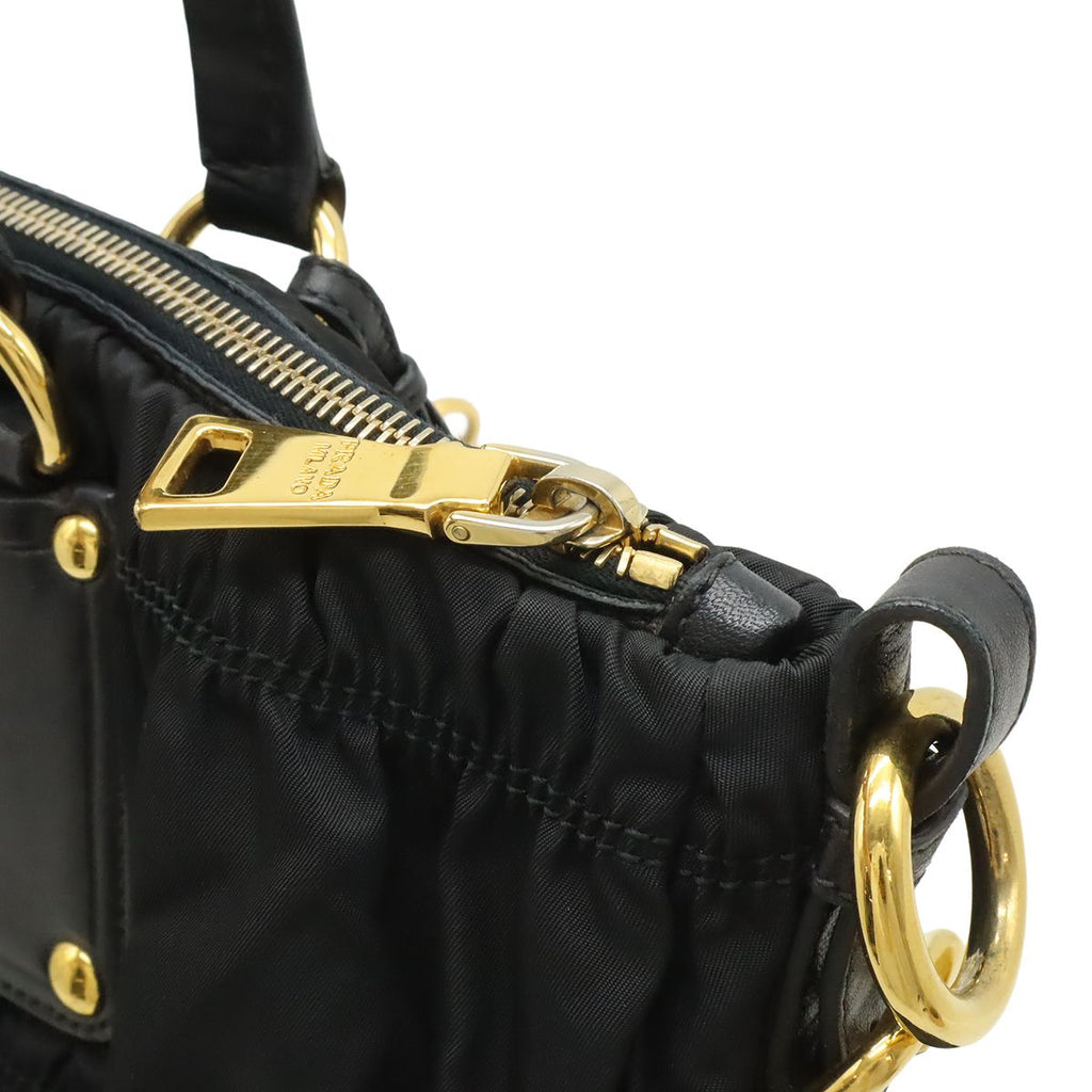 Prada Tessuto Gathered Tote 2-Way Shoulder Bag Crossbody Nylon Nero Black Gold — view 6