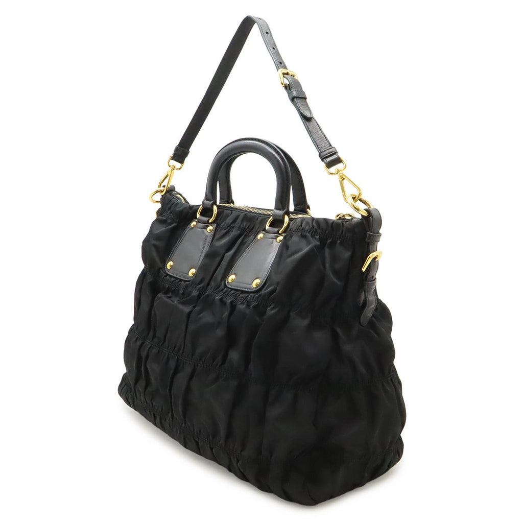 Prada Tessuto Gathered Tote 2-Way Shoulder Bag Crossbody Nylon Nero Black Gold — view 2
