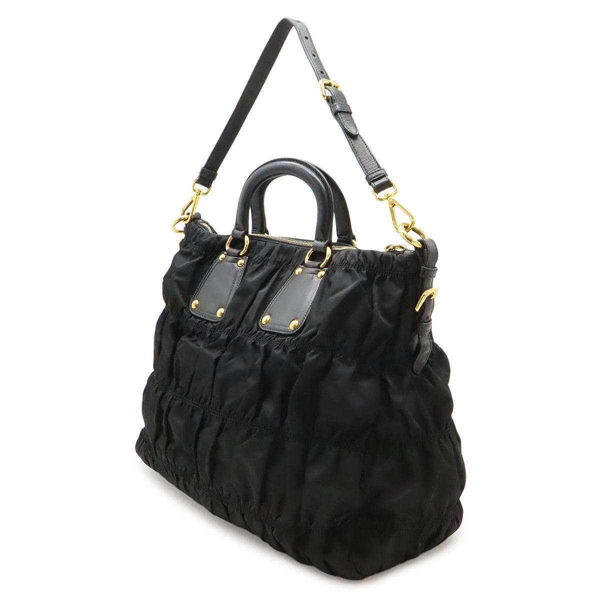 Prada Tessuto Gathered Tote 2-Way Shoulder Bag Crossbody Nylon Nero Black Gold — view 2