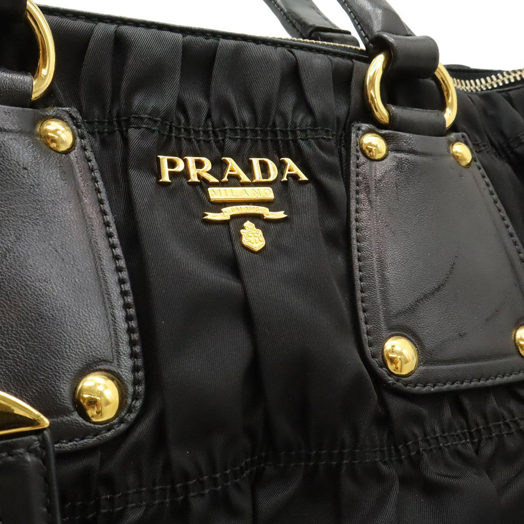 Prada Tessuto Gathered Tote 2-Way Shoulder Bag Crossbody Nylon Nero Black Gold — view 8