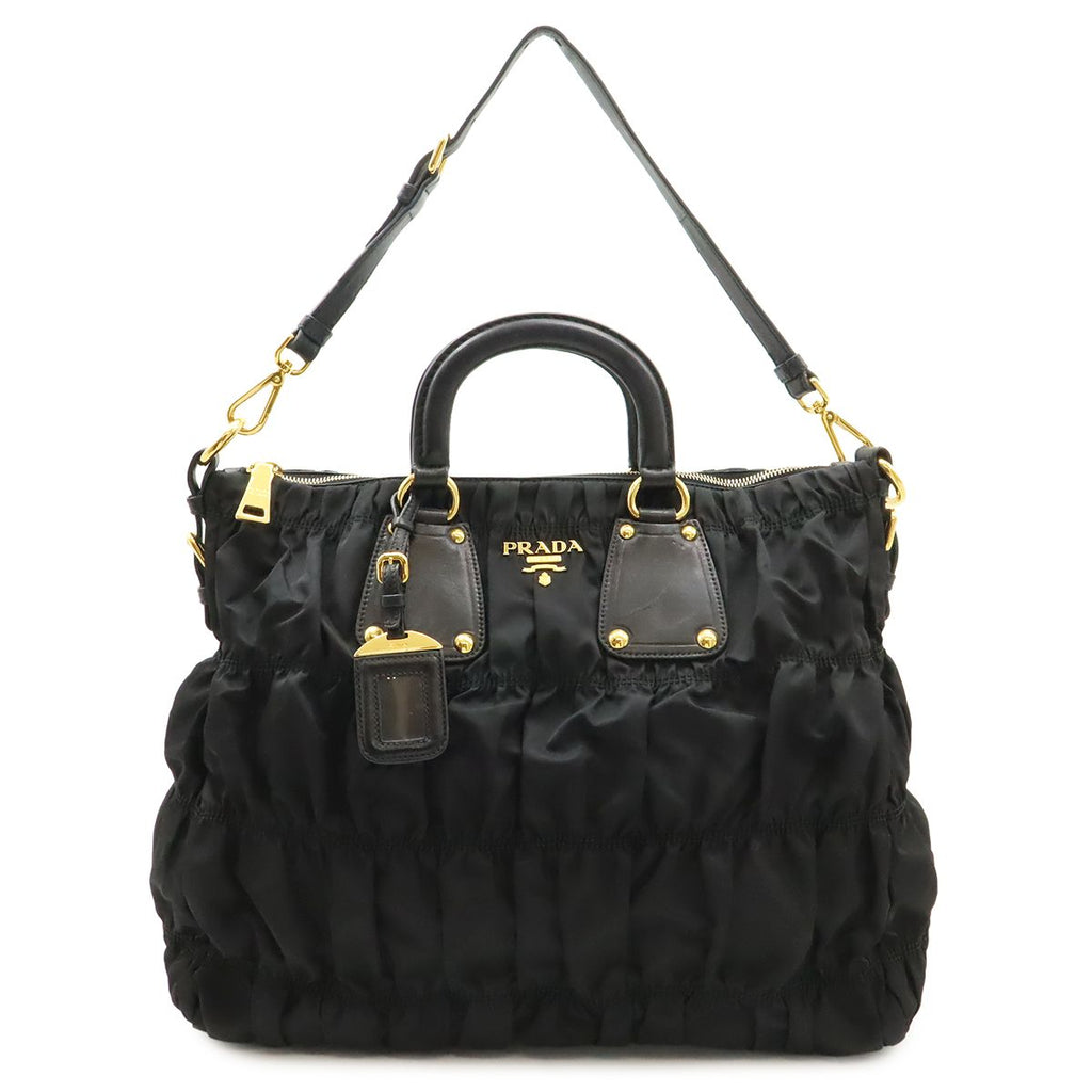 Prada Tessuto Gathered Tote 2-Way Shoulder Bag Crossbody Nylon Nero Black Gold