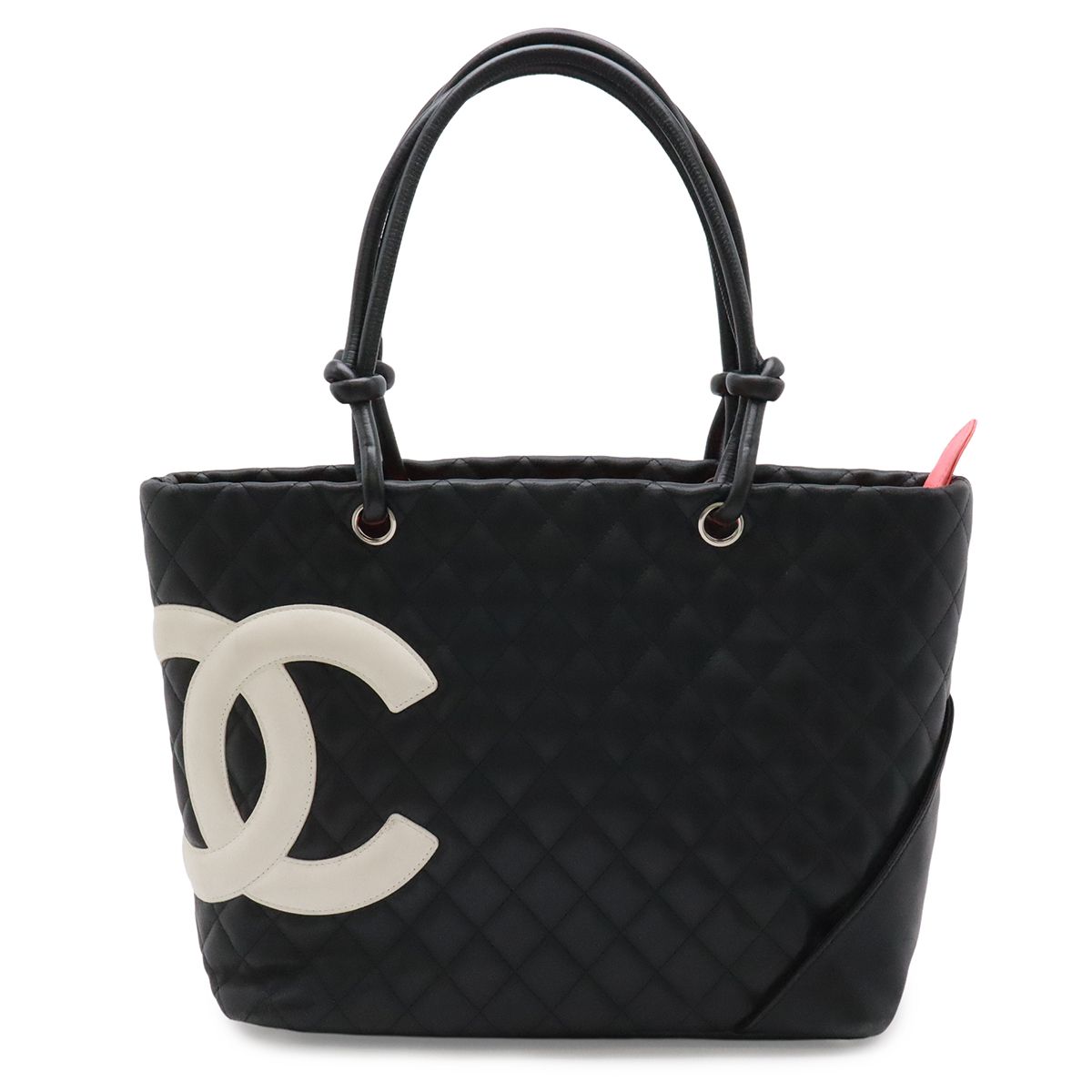 Chanel Cambon Line CC Logo Large Tote Shoulder Bag Soft Calf Black Pink Silver