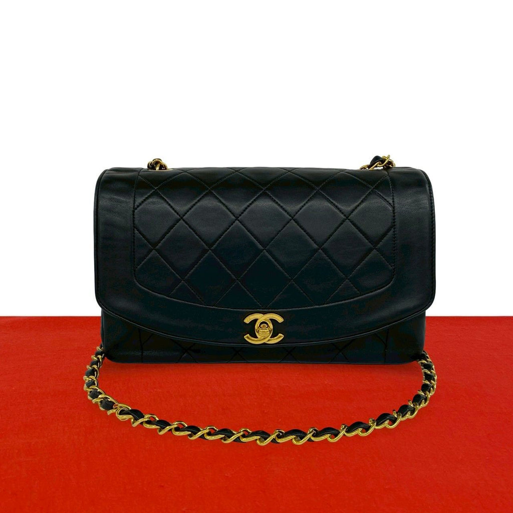 Chanel Vintage Diana Quilted CC Logo Lambskin Shoulder Bag Black