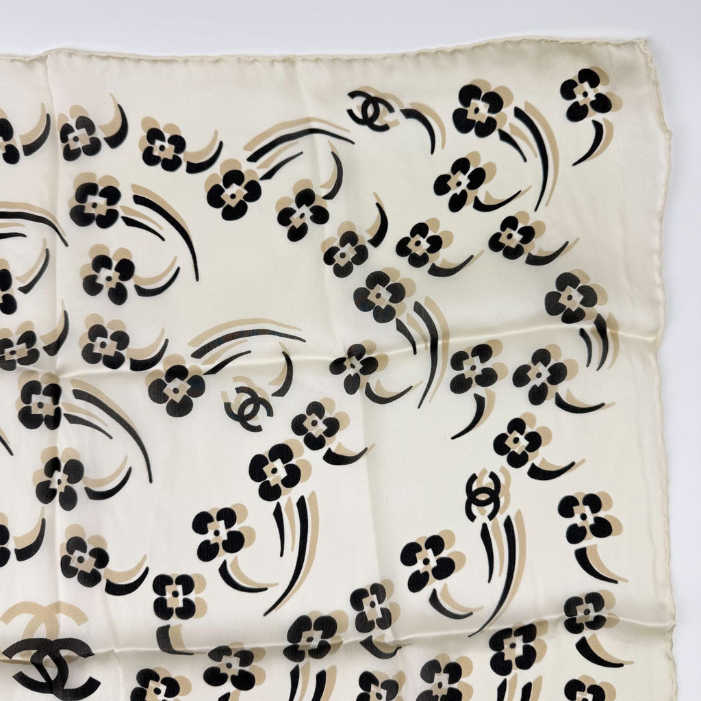 Chanel Camellia CC Logo Silk Scarf White Black Vintage — view 3