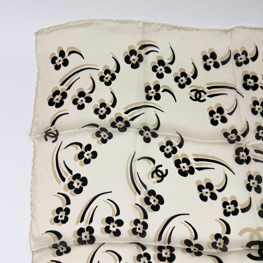 Chanel Camellia CC Logo Silk Scarf White Black Vintage — view 2