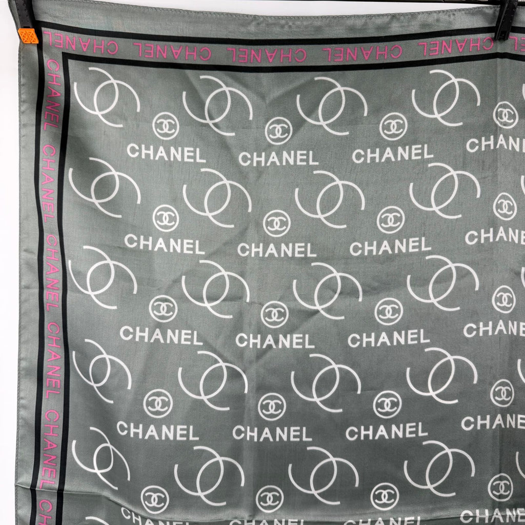 Chanel CC Logo All Over Print Silk Scarf Gray Pink Black Vintage — view 2