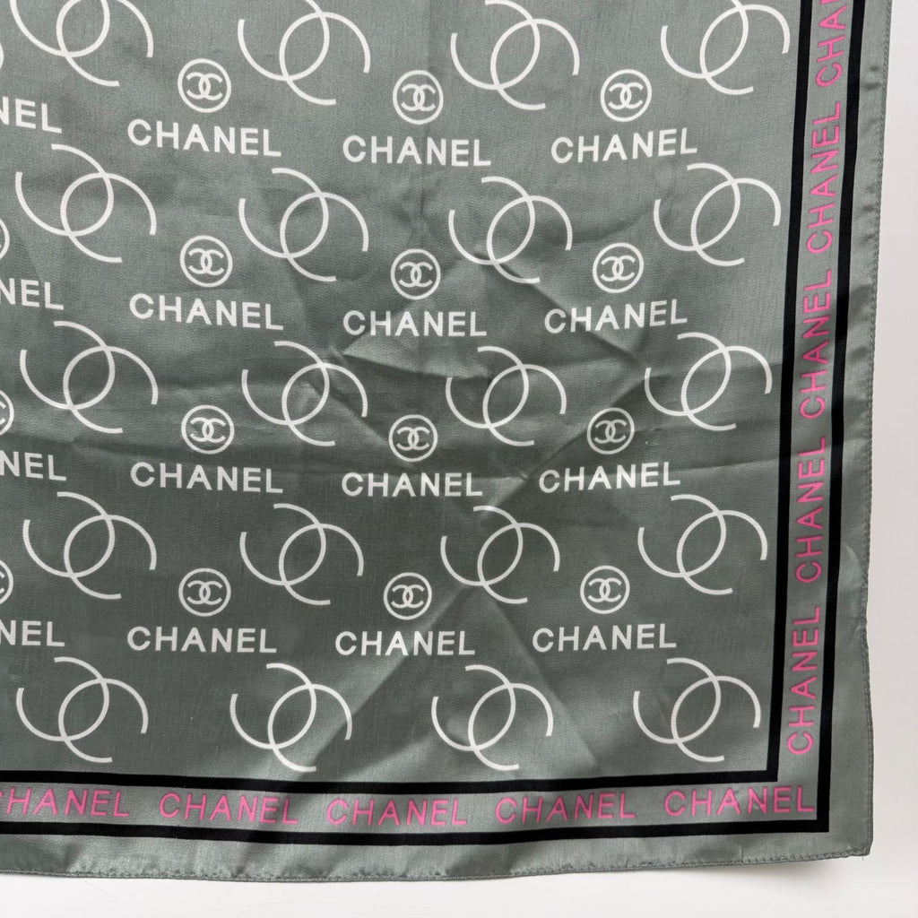Chanel CC Logo All Over Print Silk Scarf Gray Pink Black Vintage — view 5