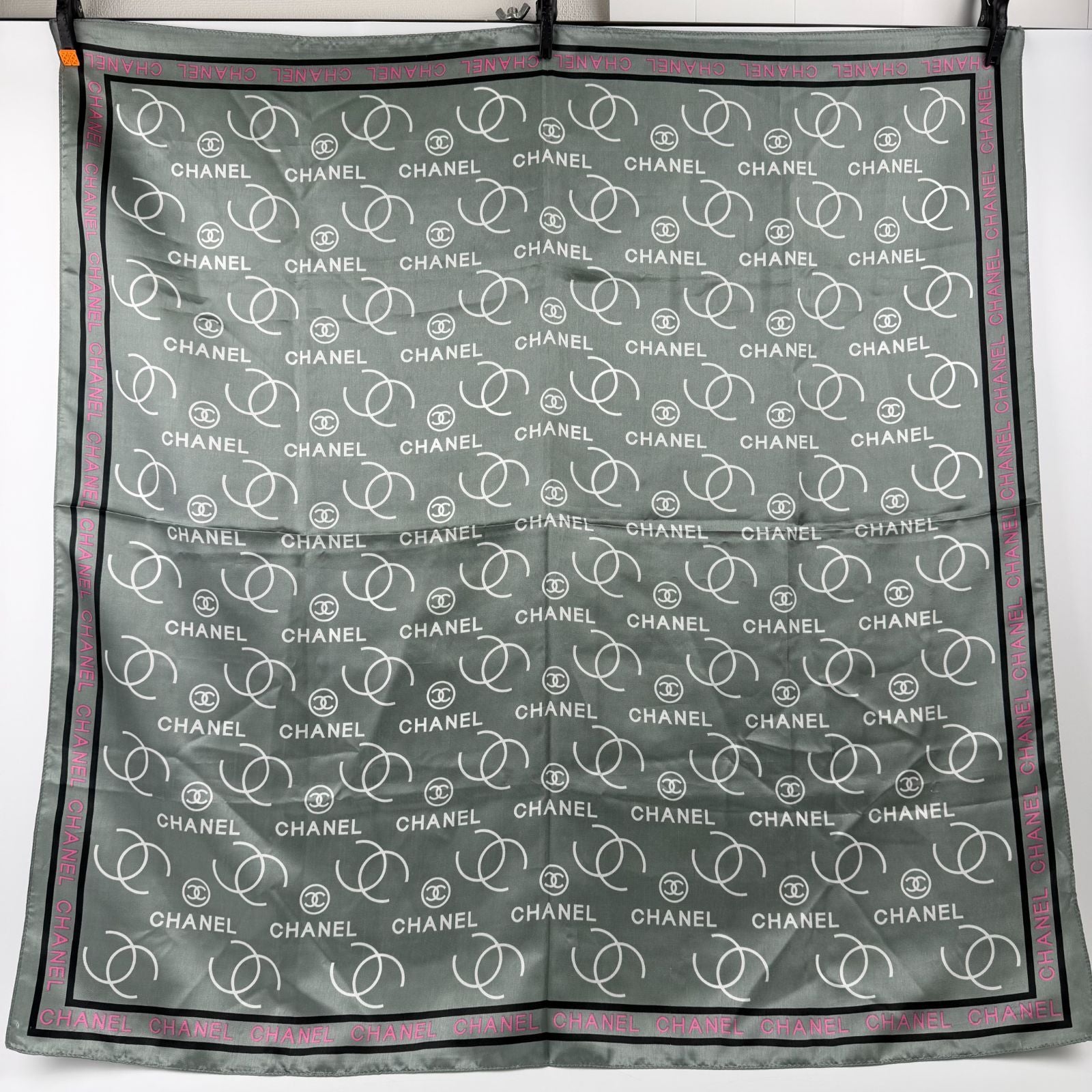 Chanel CC Logo All Over Print Silk Scarf Gray Pink Black Vintage