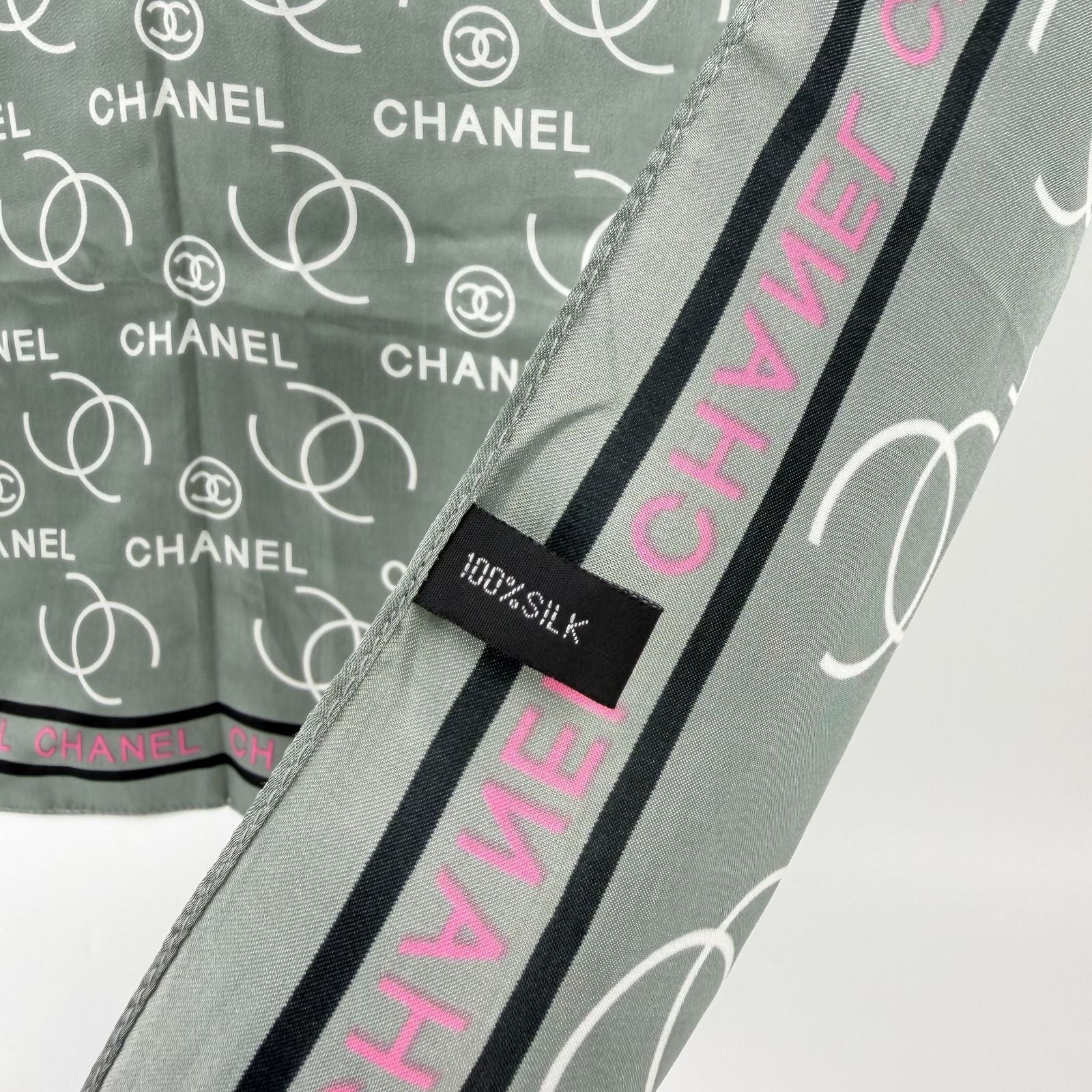 Chanel CC Logo All Over Print Silk Scarf Gray Pink Black Vintage — view 7