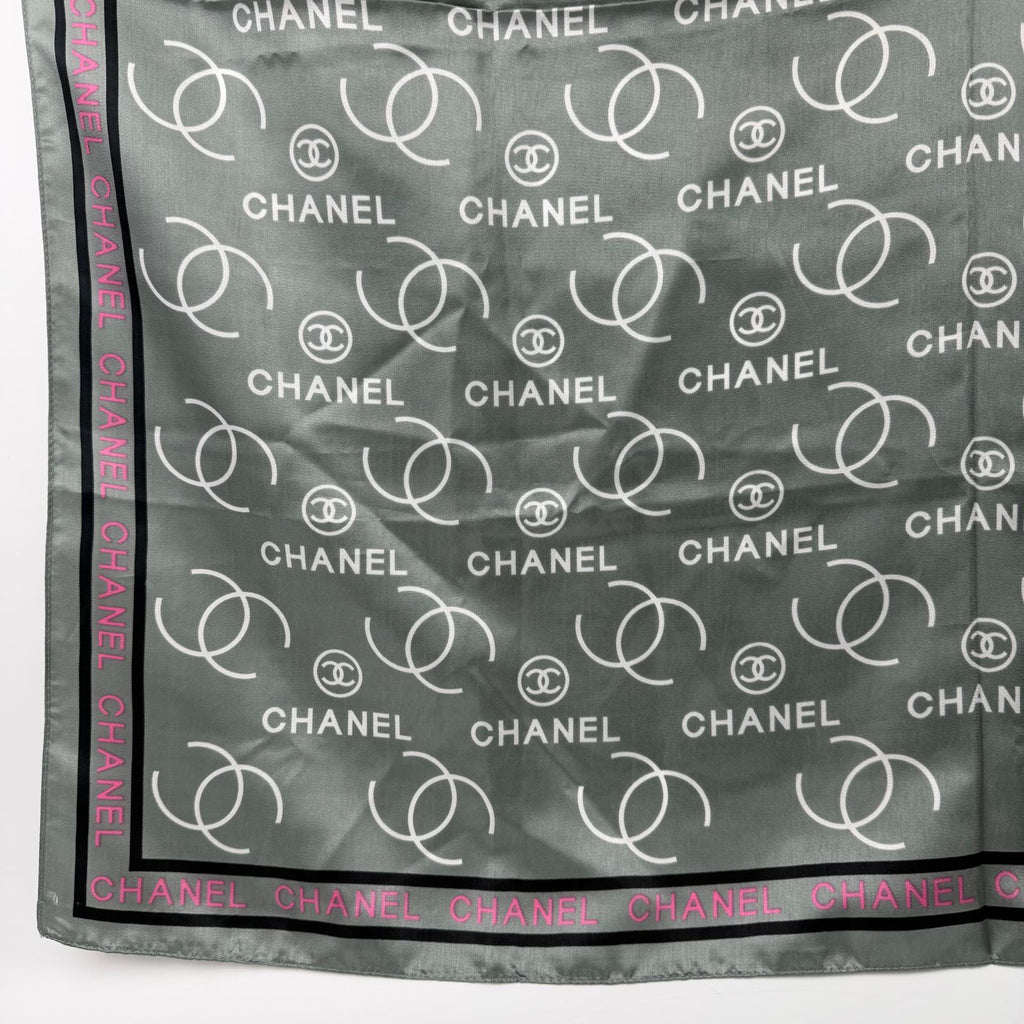 Chanel CC Logo All Over Print Silk Scarf Gray Pink Black Vintage — view 4