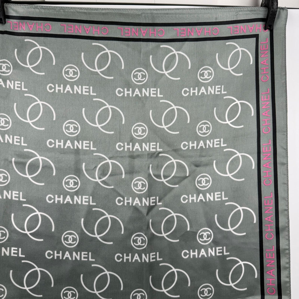 Chanel CC Logo All Over Print Silk Scarf Gray Pink Black Vintage — view 3