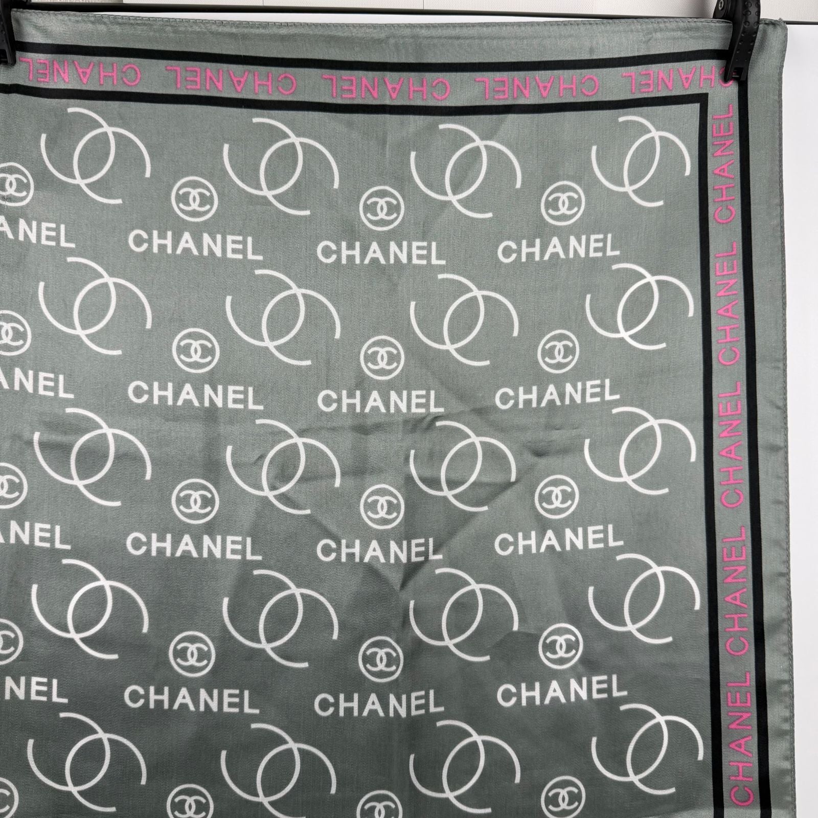 Chanel CC Logo All Over Print Silk Scarf Gray Pink Black Vintage — view 3