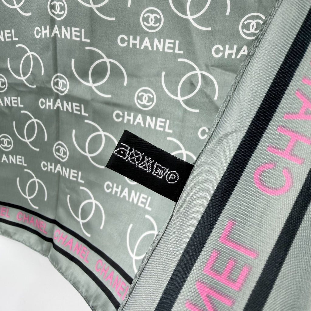 Chanel CC Logo All Over Print Silk Scarf Gray Pink Black Vintage — view 8