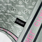 Chanel CC Logo All Over Print Silk Scarf Gray Pink Black Vintage — view 8
