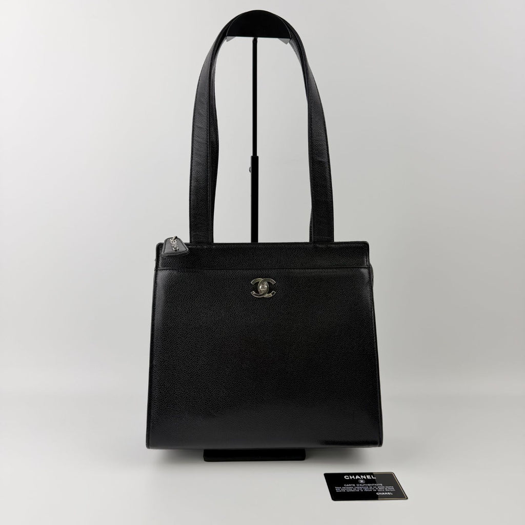 Chanel CC Logo Tote Shoulder Bag Caviar Leather Black Silver Vintage — view 3