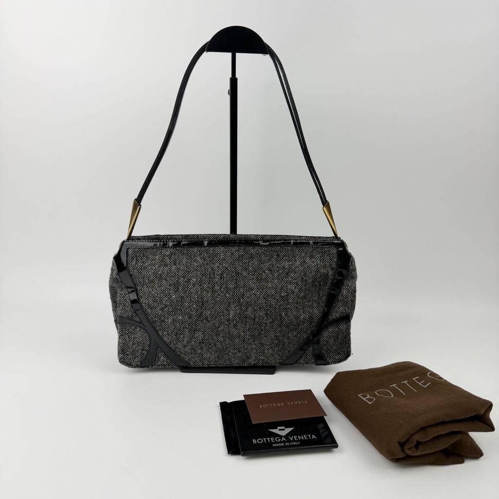 Bottega Veneta Intrecciato Style Stitch Shoulder Bag Tweed Patent Gray Black — view 2