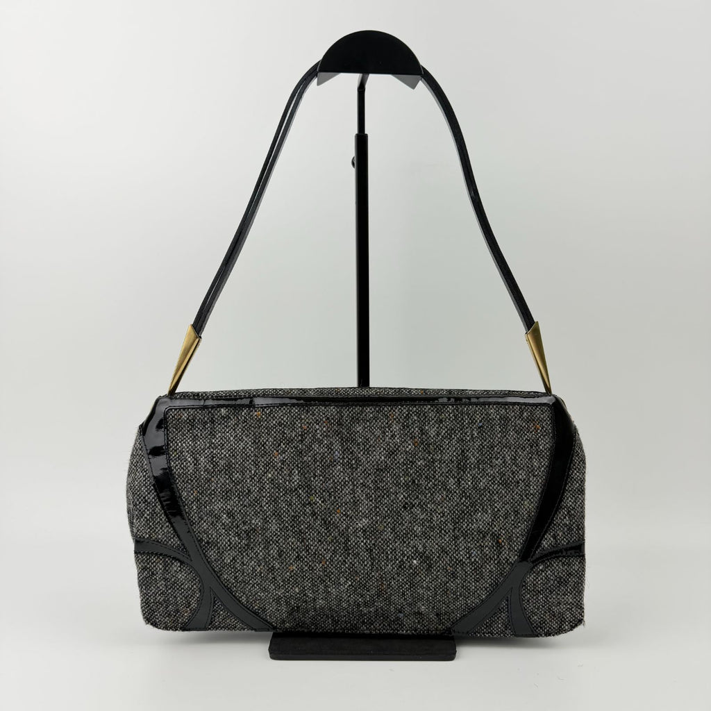 Bottega Veneta Intrecciato Style Stitch Shoulder Bag Tweed Patent Gray Black — view 4