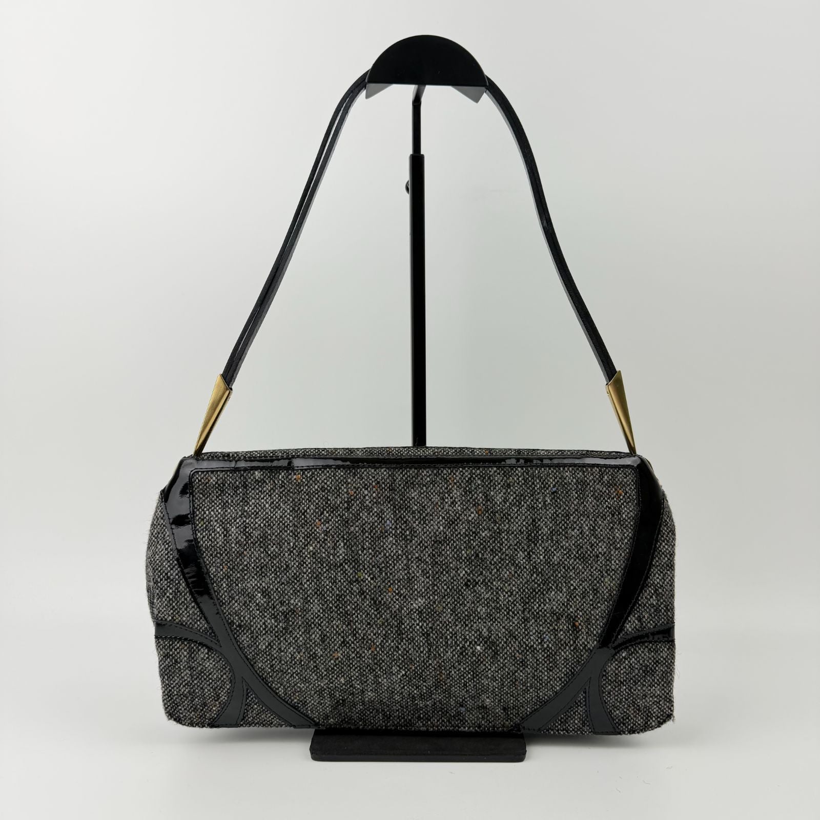 Bottega Veneta Intrecciato Style Stitch Shoulder Bag Tweed Patent Gray Black — view 4