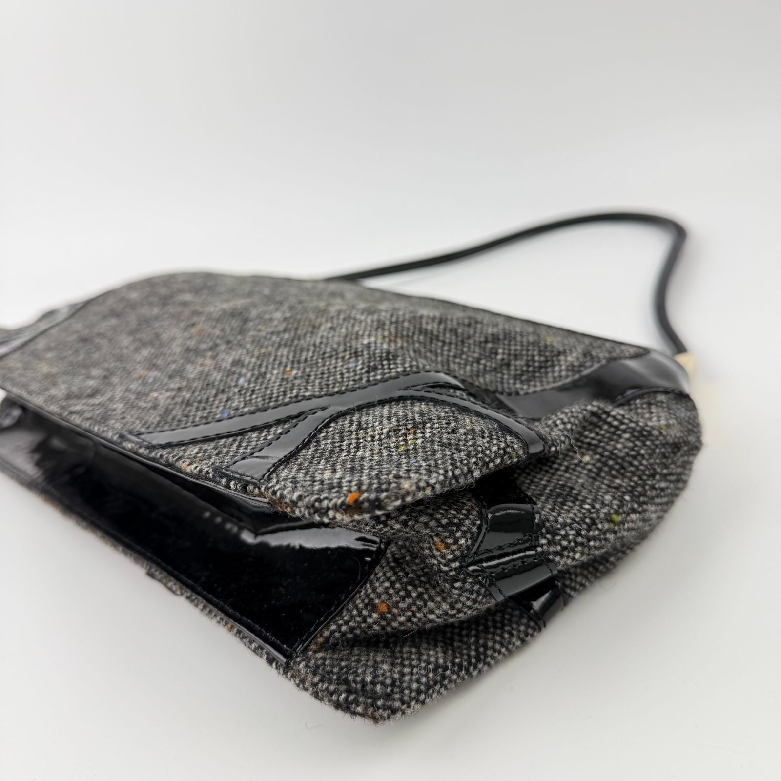 Bottega Veneta Intrecciato Style Stitch Shoulder Bag Tweed Patent Gray Black — view 9