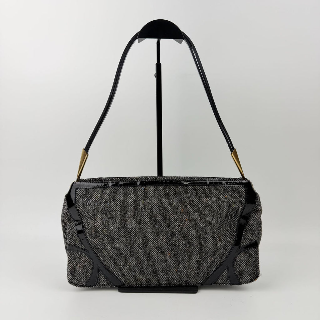 Bottega Veneta Intrecciato Style Stitch Shoulder Bag Tweed Patent Gray Black — view 3