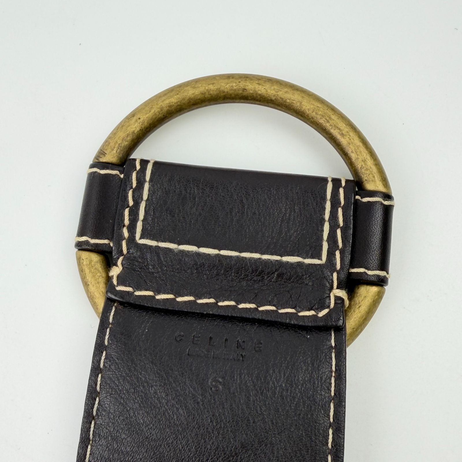 Celine Circle Buckle Spiral Pattern Leather Belt Brown Gold Vintage — view 3