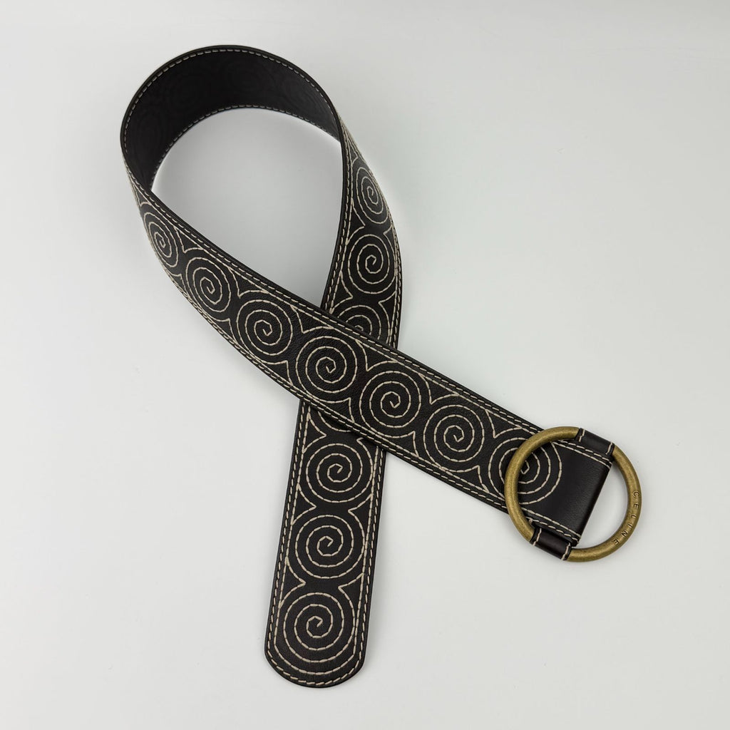 Celine Circle Buckle Spiral Pattern Leather Belt Brown Gold Vintage