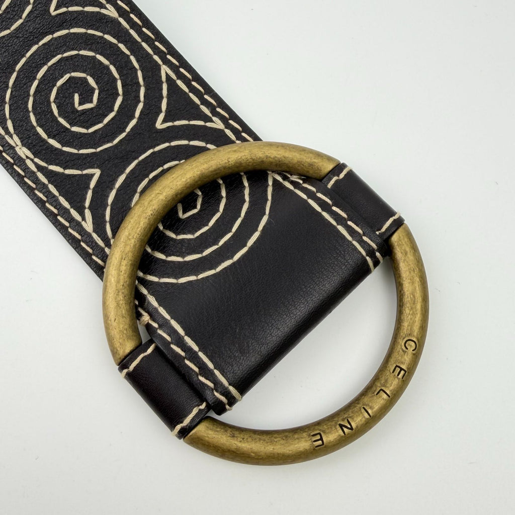 Celine Circle Buckle Spiral Pattern Leather Belt Brown Gold Vintage — view 2