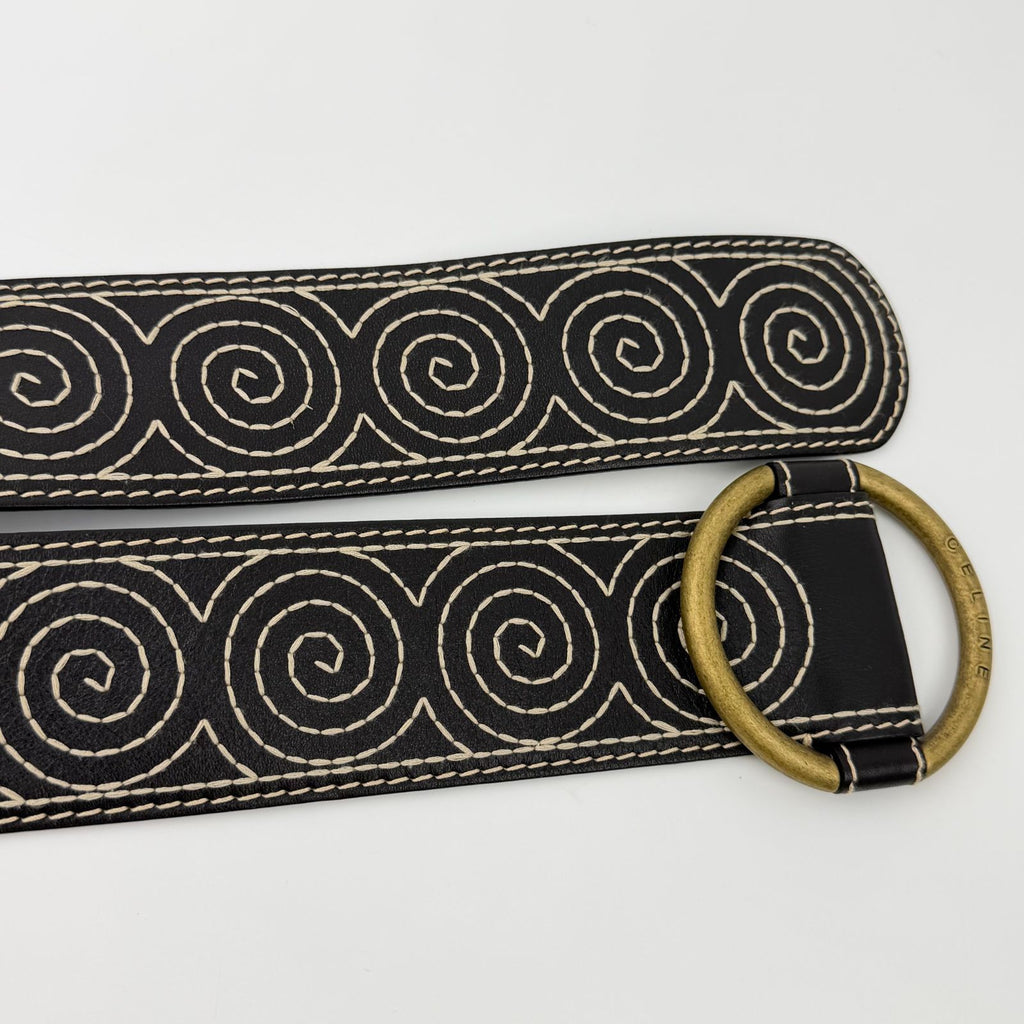 Celine Circle Buckle Spiral Pattern Leather Belt Brown Gold Vintage — view 4