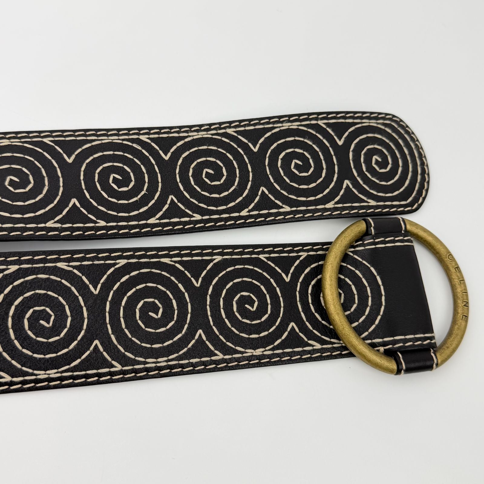 Celine Circle Buckle Spiral Pattern Leather Belt Brown Gold Vintage — view 4