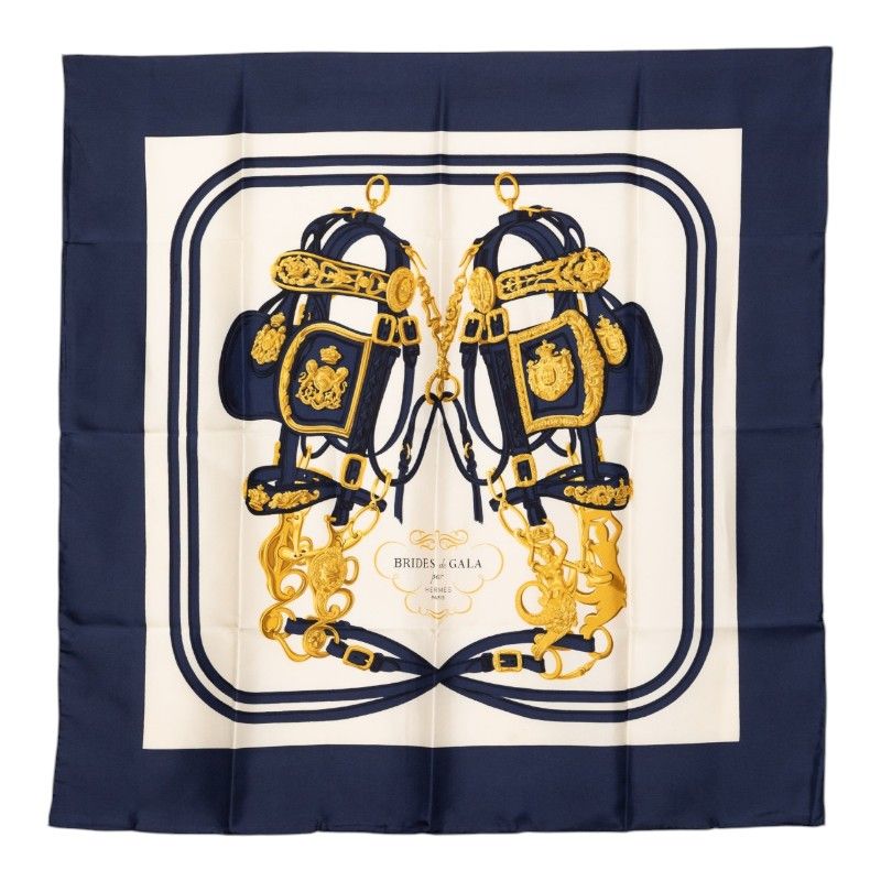Hermes Carre 90 Brides de Gala Ceremonial Scarf Navy White Silk