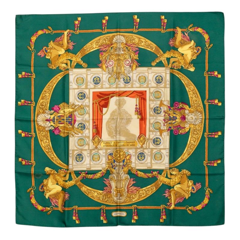 Hermes Carre 90 Hommage a Charles Garnier Loulou Scarf Green Multicolor Silk
