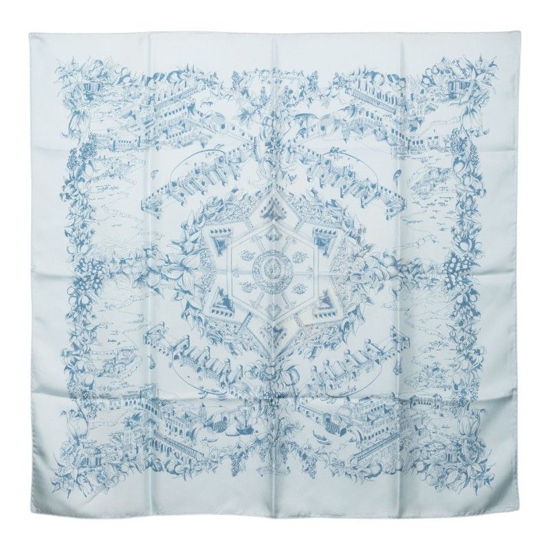 Hermes Carre 90 Au Pays de Cocagne Scarf Blue Silk