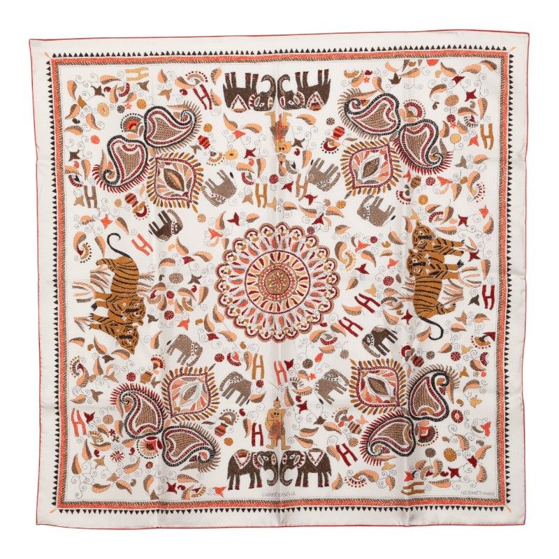 Hermes Carre 90 Kantha Scarf Oversized White Multicolor Silk