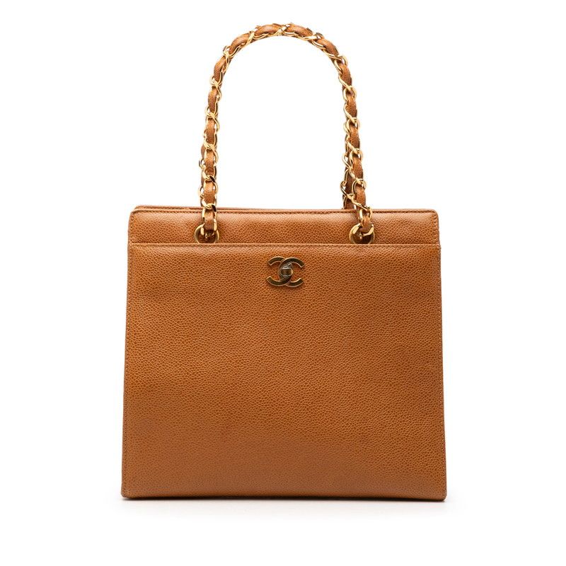 Chanel CC Logo Chain Tote Shoulder Brown Caviar Leather