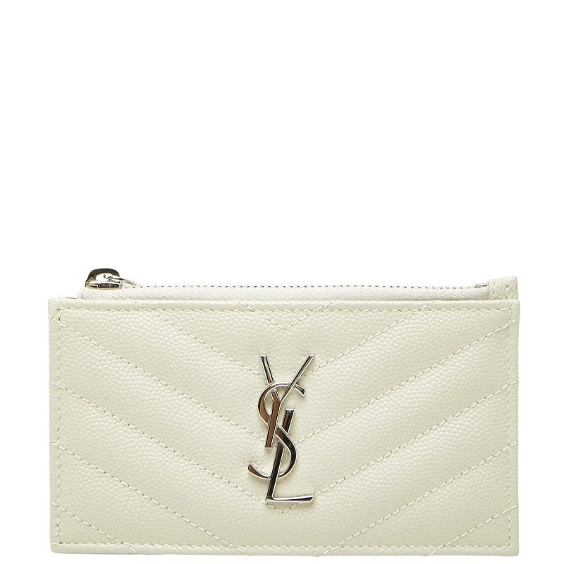Saint Laurent Cassandra YSL Logo Fragment Case Zip Card Ivory Silver Leather