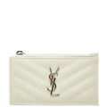 Saint Laurent Cassandra YSL Logo Fragment Case Zip Card Ivory Silver Leather