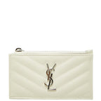 Saint Laurent Cassandra YSL Logo Fragment Case Zip Card Ivory Silver Leather