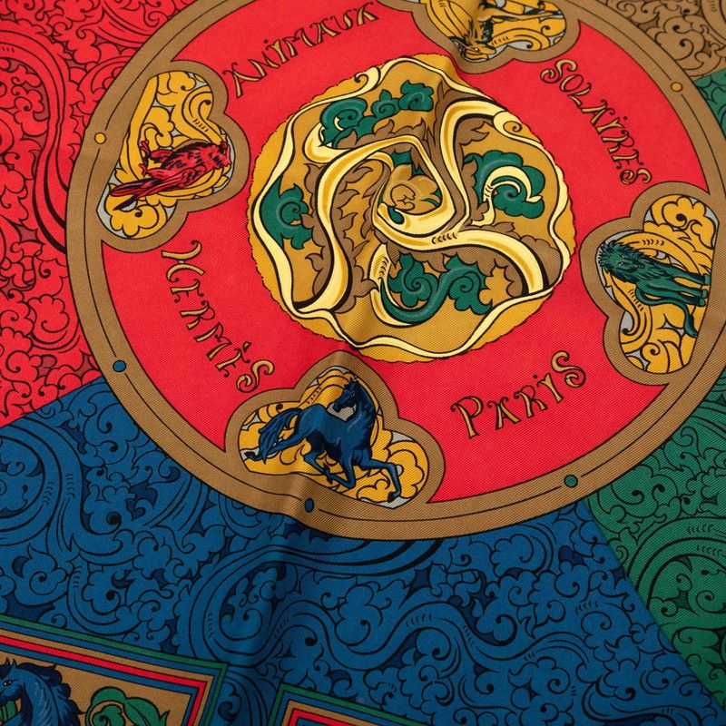 Hermes Carre 90 Animaux Solaires Animals of the Sun Scarf Green Multicolor Silk — view 3
