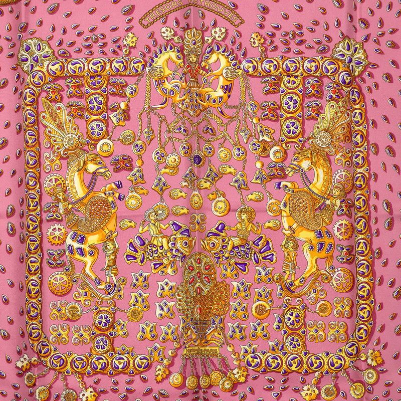 Hermes Carre 90 Tresors Retrouves Hidden Treasures Scarf Pink Multicolor Silk — view 2