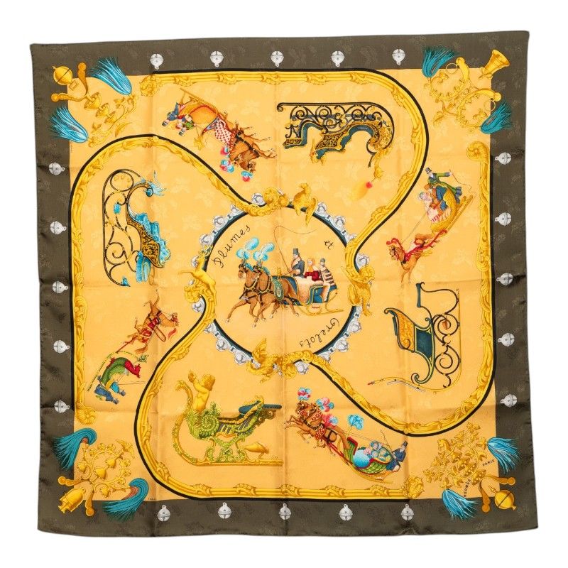 Hermes Carre 90 Plumes Et Grelots Feathers and Bells Scarf Large Green Gold