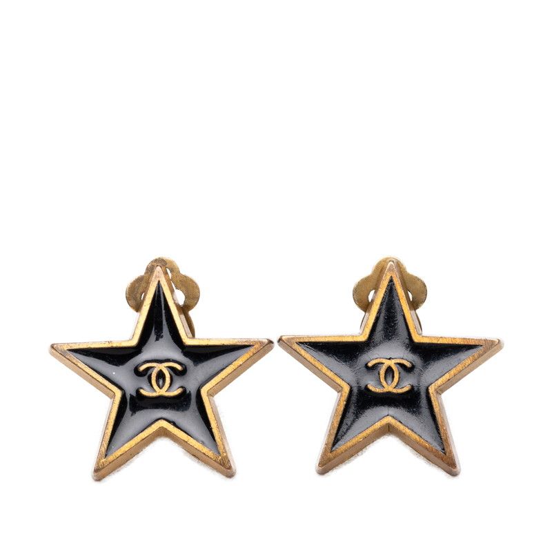 Chanel CC Logo Star Motif Earrings 01 Black Gold Plated